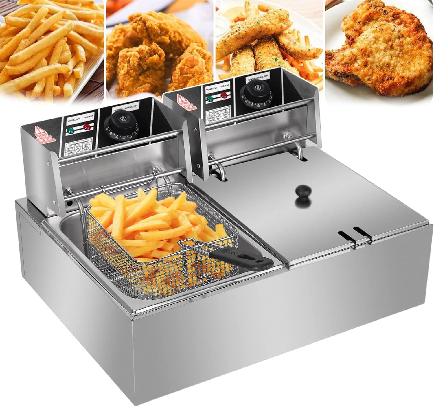 Commercial Electric Deep Fryer with Double Tank, Countertop Chip Frying Machine with Temperature Control for Fast Food Stands, Snack Bars, Restaurants, Parties