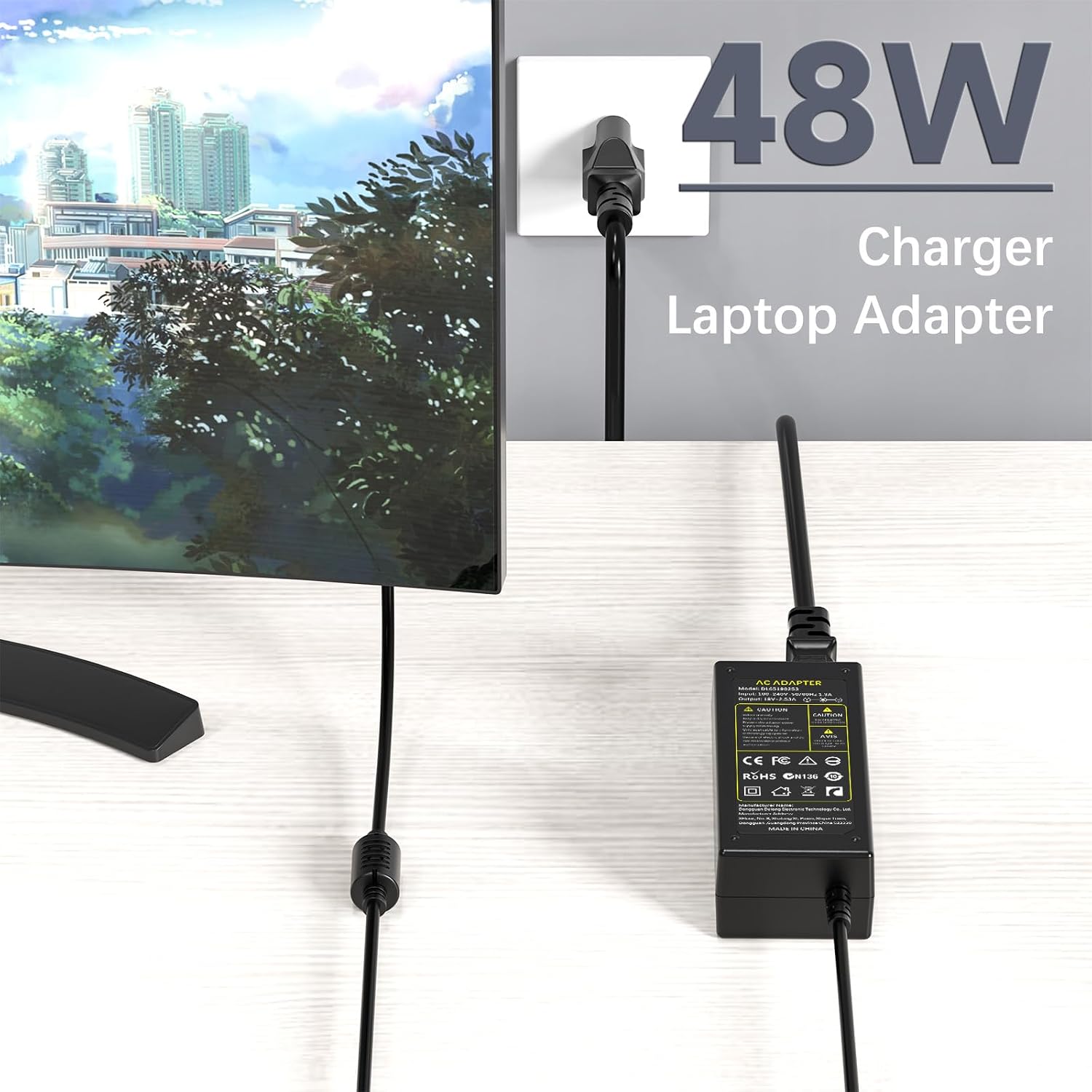 ROLADA 19V Power Adapter Compatible with LG Monitors 24M47H-P, 24MP55HQ, 19", 22", 24" Displays; Compatible with Samsung 32" TVs J5003, J5205, UN32J4000, UN32J5205, A4819-FDY Power Supply Cord image 2