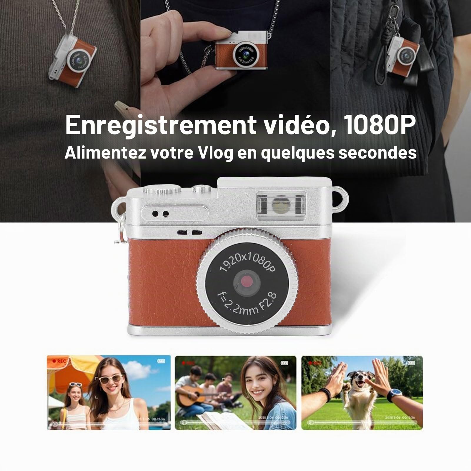 Topiky Petit Appareil Photo Numérique Rétro, 1080p FHD 0,96 Pouce Mini Clés de Caméra, Appareil Photo Numérique Portable Ith LED Bill Light Light 4 Filtres, Enregistreur Vidéo de Poche (Brown)