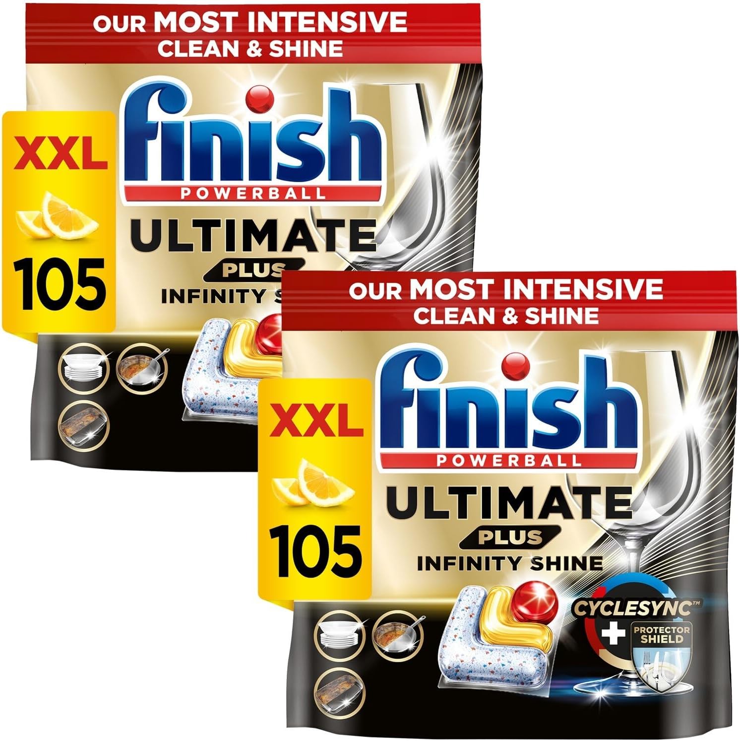 Dishwasher Tablet, Ultimate Plus Infinity Shine, 210 Tabs (105 x 2pck), Lemon Sparkle, Tough on Grease, Our Most Intensive Clean & Shine, Effective for Short Eco Cycle