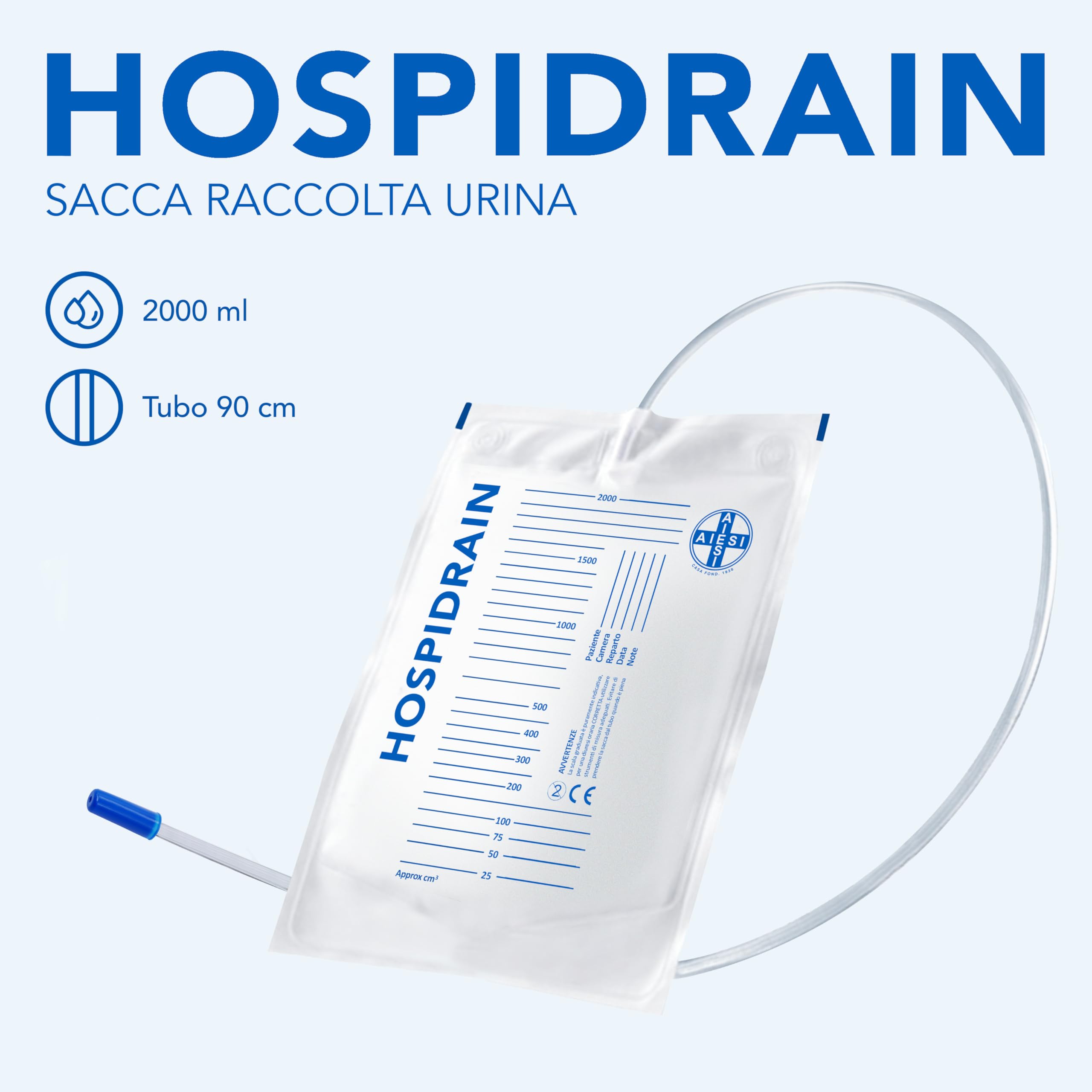 AIESI® Bolsas de orina de 2 litros tubo 90 cm sin grifo de descarga HOSPIDRAIN (Paquete de 25 piezas)