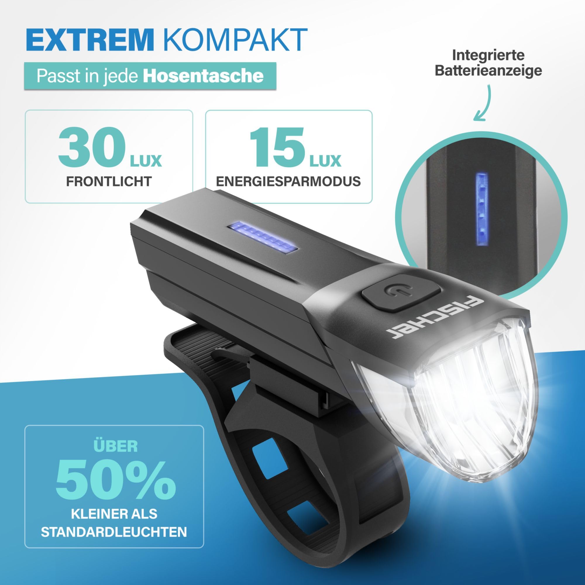 FISCHER Zestaw oświetlenia rowerowego Stop 30/15 Lux ze światłem hamowania, przednie i tylne światło, z akumulatorem i funkcją ładowania USB, 2 funkcje świecenia, ochrona przed pryskającą wodą zgodnie