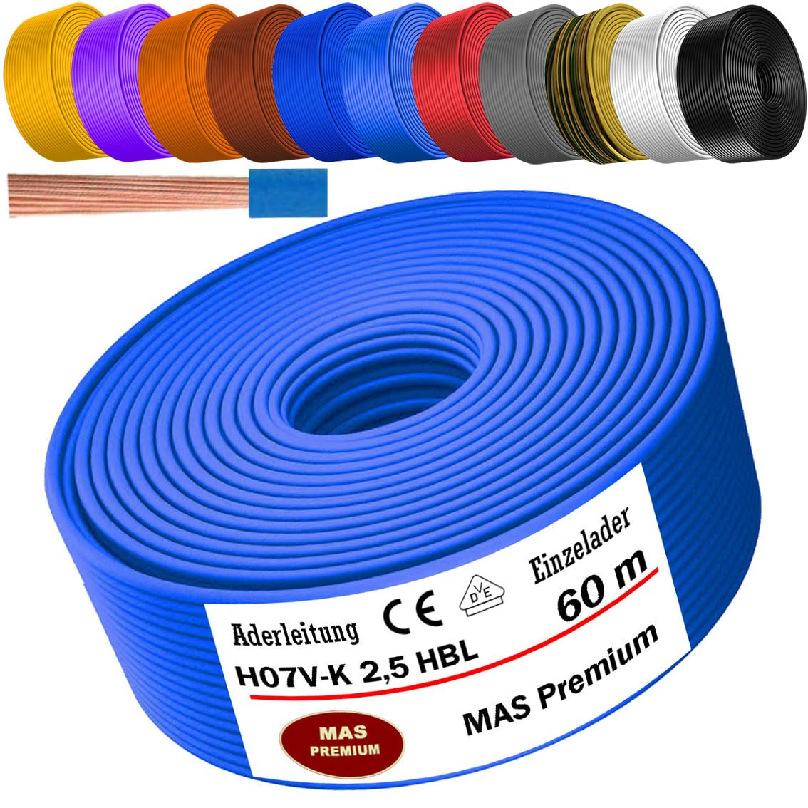 Câble conducteur H07 V-K 2,5 mm² bleu clair flexible de 5 à 100 m (60 m)
