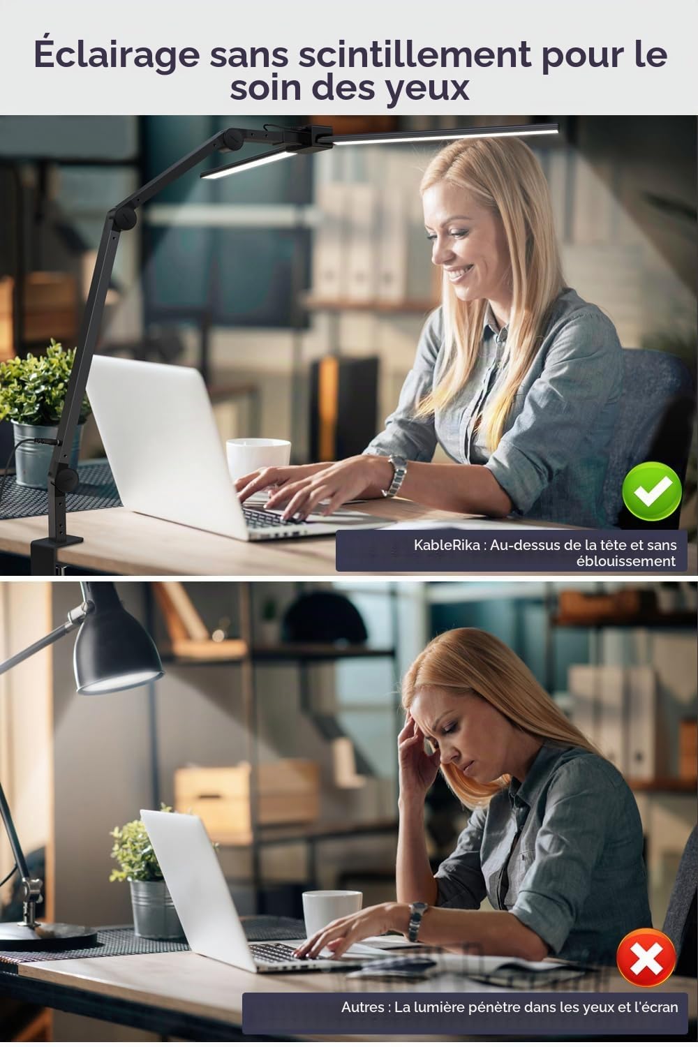KableRika Lampe de bureau LED à pince, double tête, 24W réglable Noir | 1200 lm, 3 articulations stables à 225°, réglage automatique de la luminosité – idéale pour le bureau et le travail sur écran