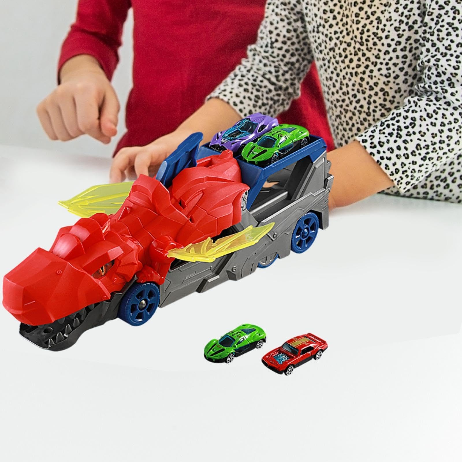 2 Pezzi Dinosaur Transport Truck Pista Veicolo Lanciatore Trasportatore Die-Cast E Camion Carrier Funzione Bocca Apribile Mobili, Rosso con 2 Auto