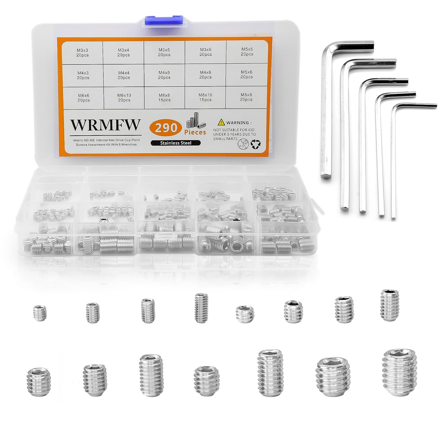 WRMFW 290pcs Metric Set Screws Assortment Kit, M8 M6 M5 M4 M3 Screw Set