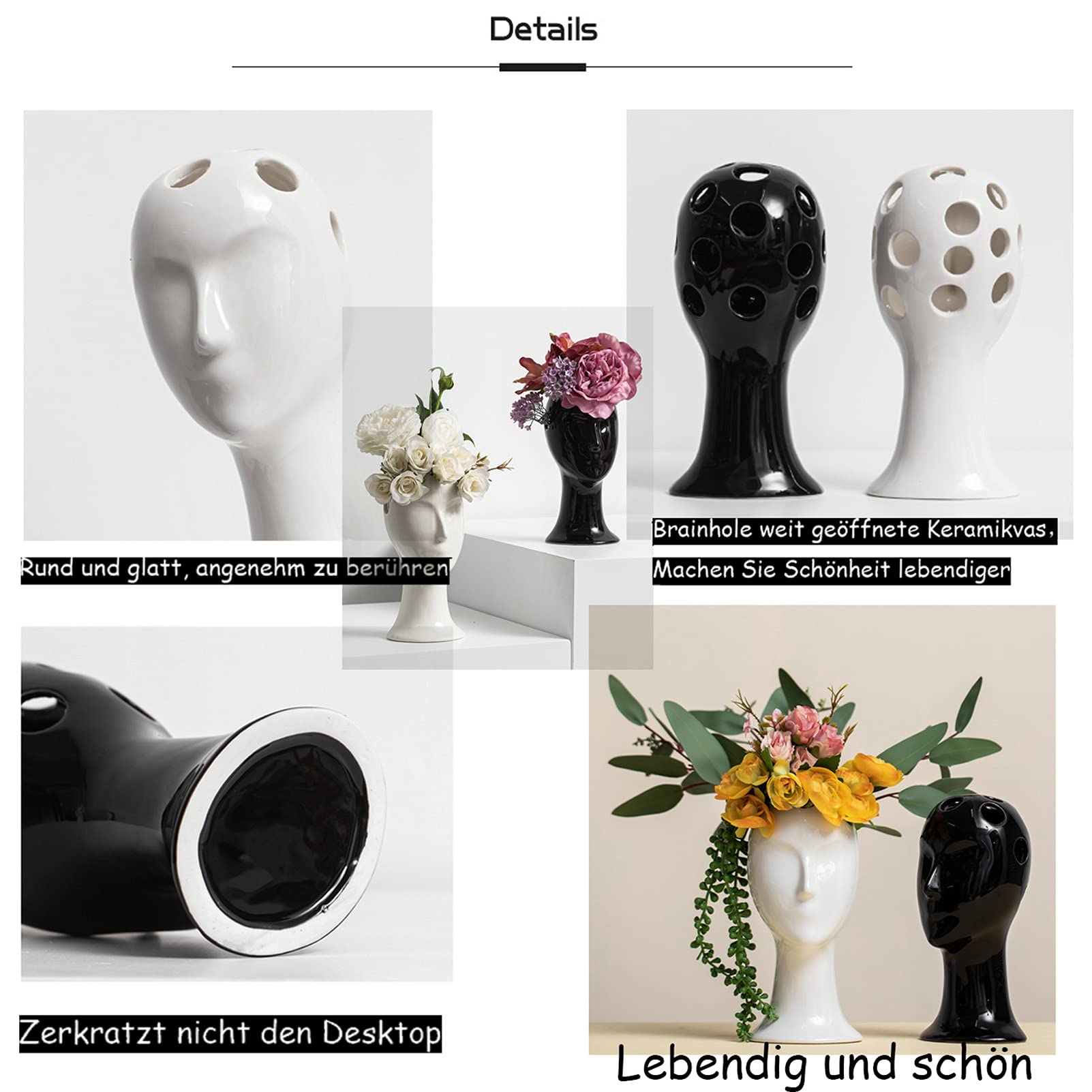 Keramik Vase Weiß Schwarz 2er Set,Modern Kreative Design Vase Gesicht,Kleine Blumenvase Moderne Tischvase,Ideal Zur Lagerung von Blumen&getrocknete Blumenvasen Deko Wohnzimmer,Schlafzimmer