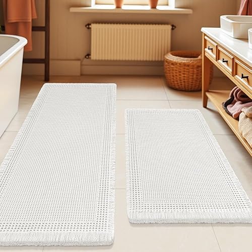 Miniatura 42 de Tapete de baño de punto gofre, moderno, tejido bohemio, absorbente, antideslizante, ultrasuave, lavable a máquina, con borlas, para baño