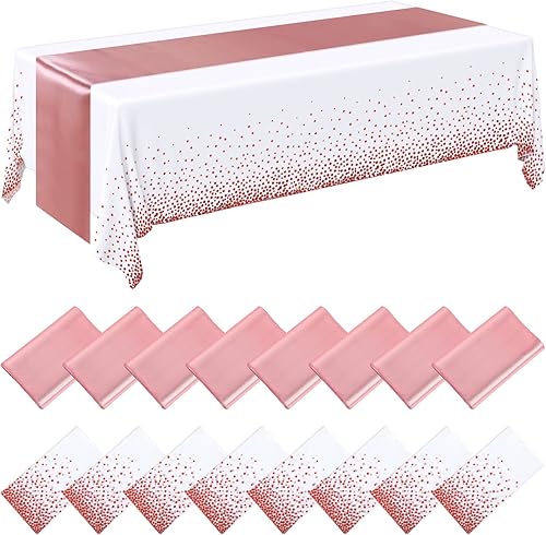 Mantel desechable de plástico rectangular de 16 piezas 54 x 108 pulgadas con camino de mesa de satén de 12 x 108 pulgadas para decoración de bodas