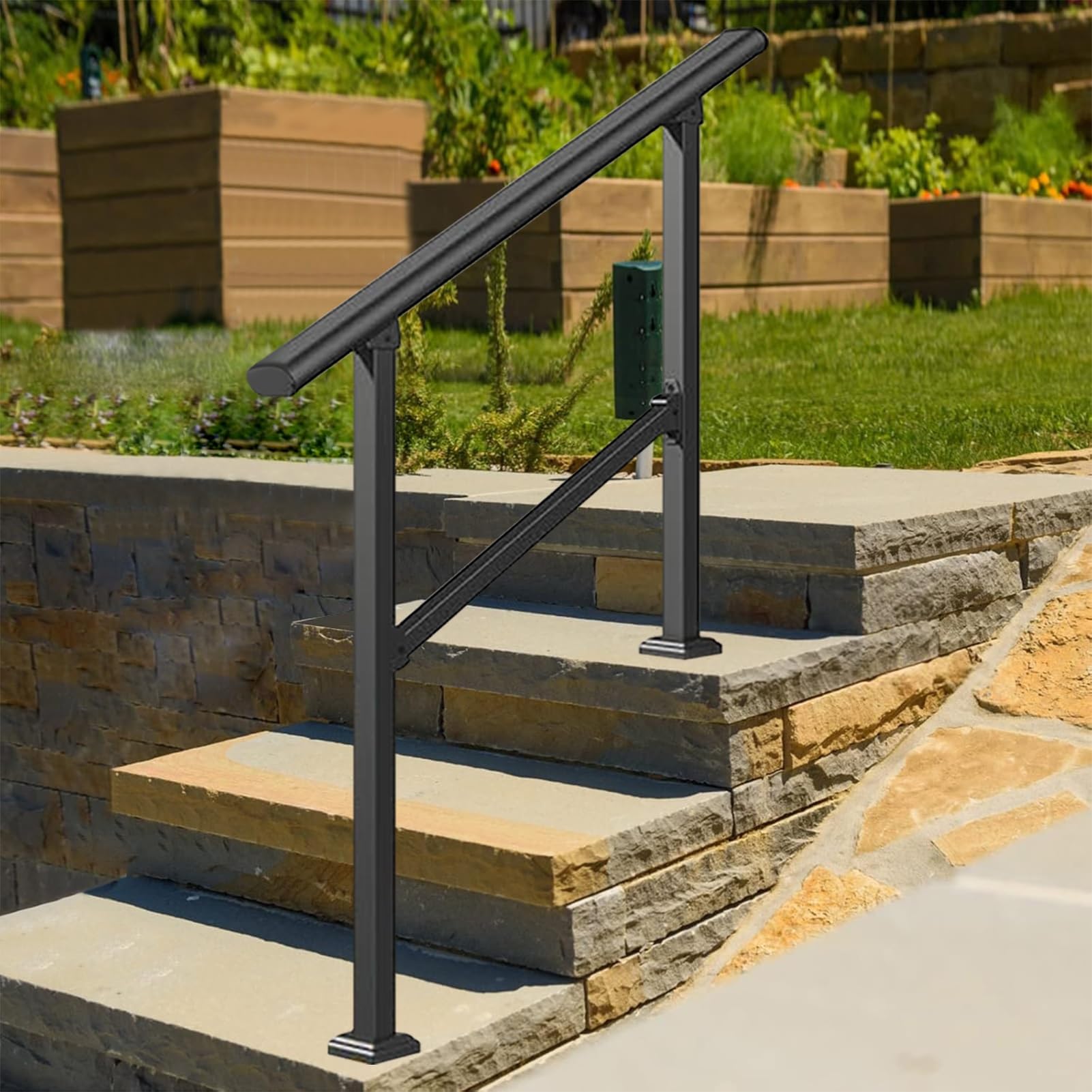 Rampe d'escalier au sol pour sécuriser l'accès des personnes âgées aux marches du jardin