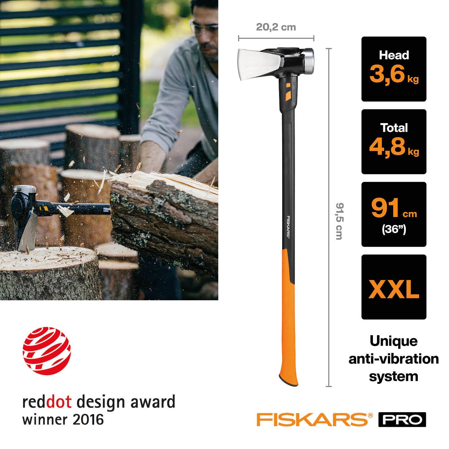 Fiskars Hacha IsoCore XXL, Para partir troncos y clavar cuñas, 92 cm, 5,22 kg, Negro/Naranja, 1020220