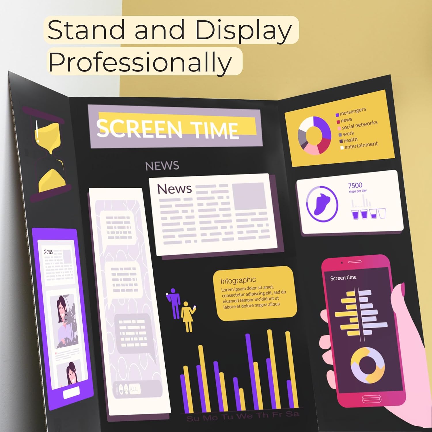 BAZIC Products Trifold Poster Board – Black Corrugated Cardboard Display Board for School Projects, Science Fairs, Photos, Charts, and Classroom Presentations, 36" X 48", 24-Pack