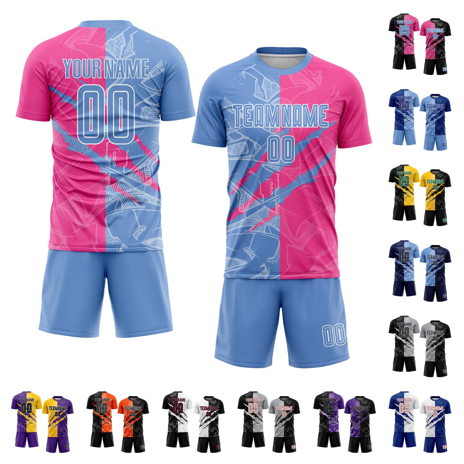 Custom Soccer Jersey Sports Team Training Soccer Uniforms Personalized Printed Name Number Logo Soccer Shirts Shorts for Adult Youths, Design Your Own Light Blue Pink Scratch Pattern Soccer Fan Jersey