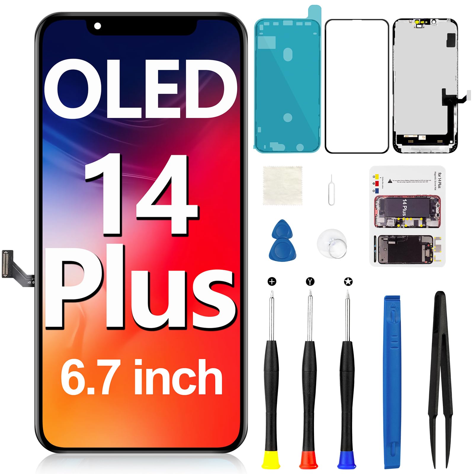 Pantalla OLED para iPhone 14 Plus, pantalla LCD táctil 3D, montaje digitalizador Full HD con herramientas de reparación compatible con modelos A2886 A2632 A2885 A2888 A2887 6.7 pulgadas