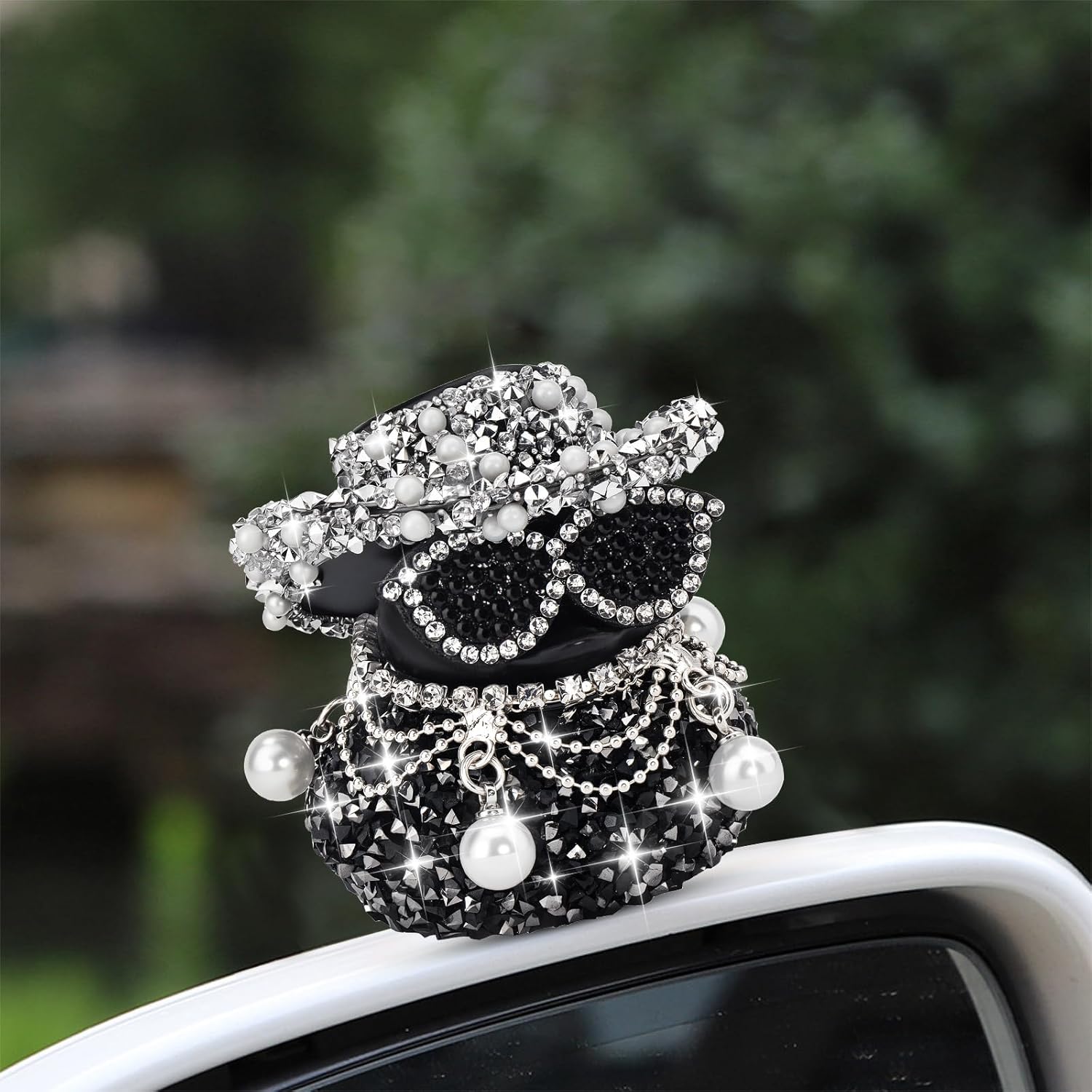 wonuu Diamond Rubber Duck Car Dashboard Decorations Car Ornaments for Cool Car Accessories Pearl Necklaces, Layered-Black