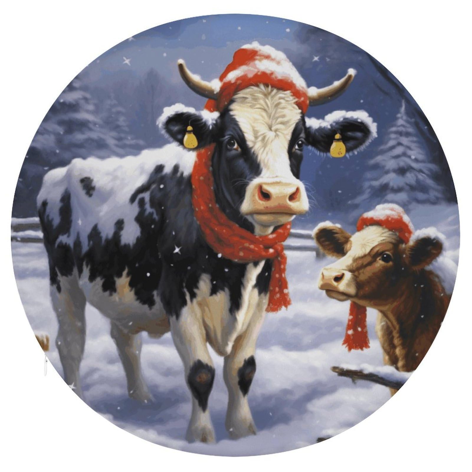 LZQPOEAS Christmas Snow Cow Round Chair Cushion 15 Inch, Detachable Memory Foam Seat Cushion,Circle Stool Cushion, Soft Round Chair Pad with Removable Cover