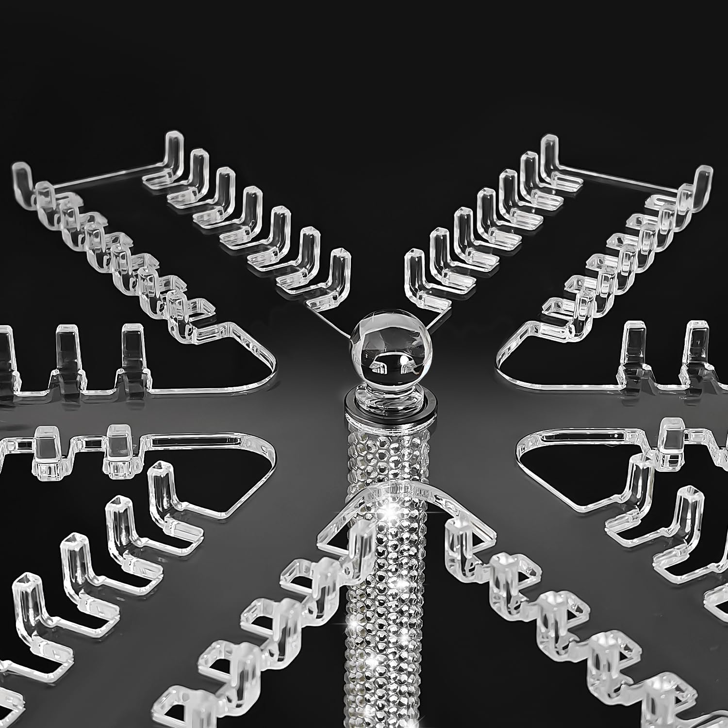 Yivaiks Bling Acrylic Necklace Organizer,GLitter Necklace Holder Stand,Shiny Jewelry Organizer Display Hanger Rack with Bilateral Hooks for Pendant Bracelets Ring for Women Girl (Six Sides Rotation)