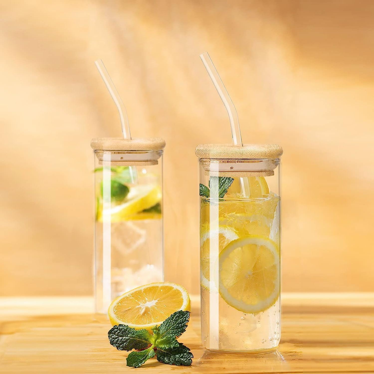 SHREE KASHTBHANJAN INTERNATIONAL Square Glass Mason jar Mug Wooden Lid & Glass Straw Used for hot & Cold Drinks(410 ml) (Set of 2) 2