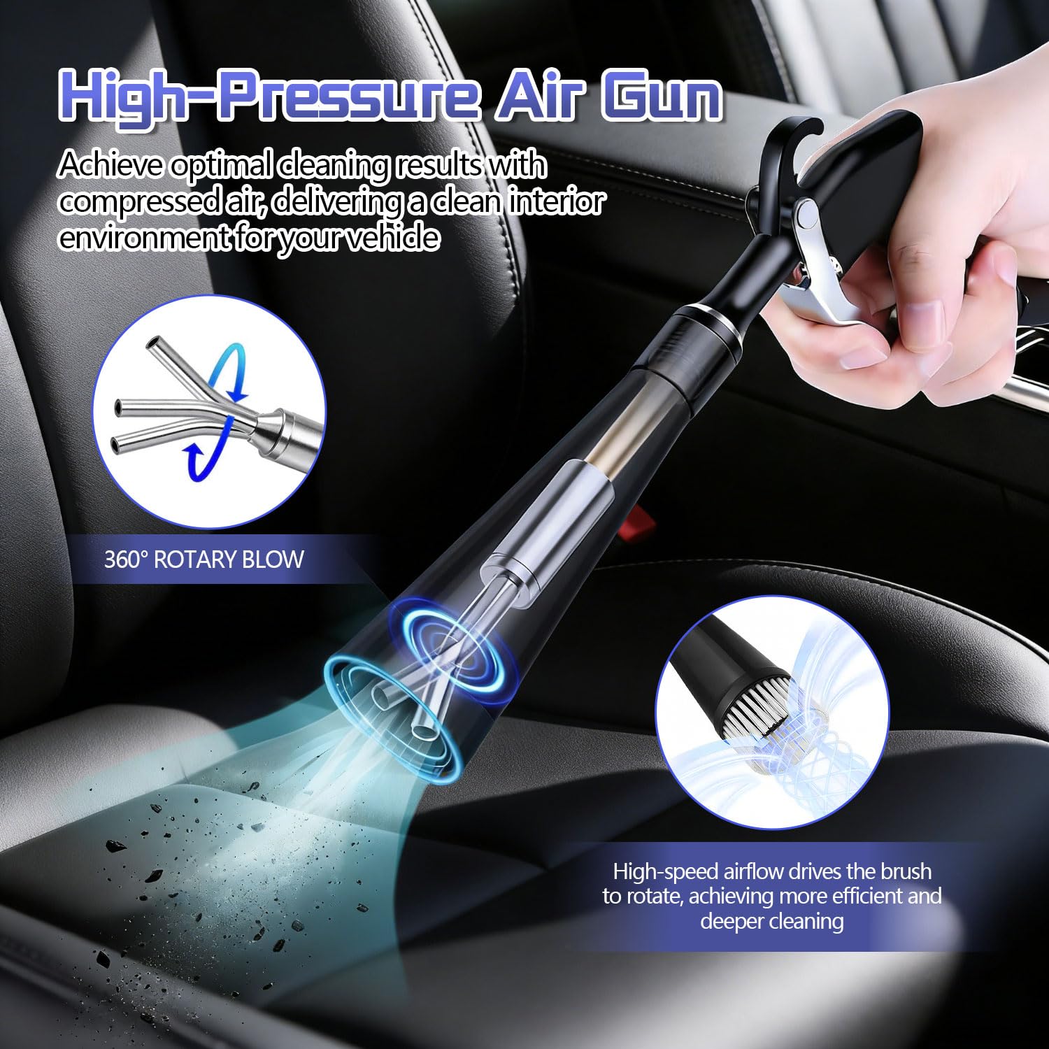 Pistola Aire Comprimido Alta Presión Limpieza Pistola de Aire Comprimido | Pistola de Limpieza de Aire Comprimido en Seco, 2 Boquillas, Soplado Seco con Efecto Torbellino, Cuidado Interior Coche