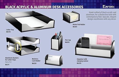 Miniatura 2 de Kantek Bandeja de letras de aluminio acrílico negro y plateado, organizador de escritorio apilable, 10..25 x 13.25 x 2.25 pulgadas, resistente,