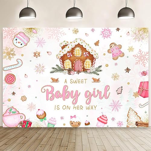 MEHOFOND Fondo de Navidad de 7 x 5 pies para baby shower con texto en inglés "A Sweet Baby Girl is On Her Way", fondo de fotografía de copo de nieve