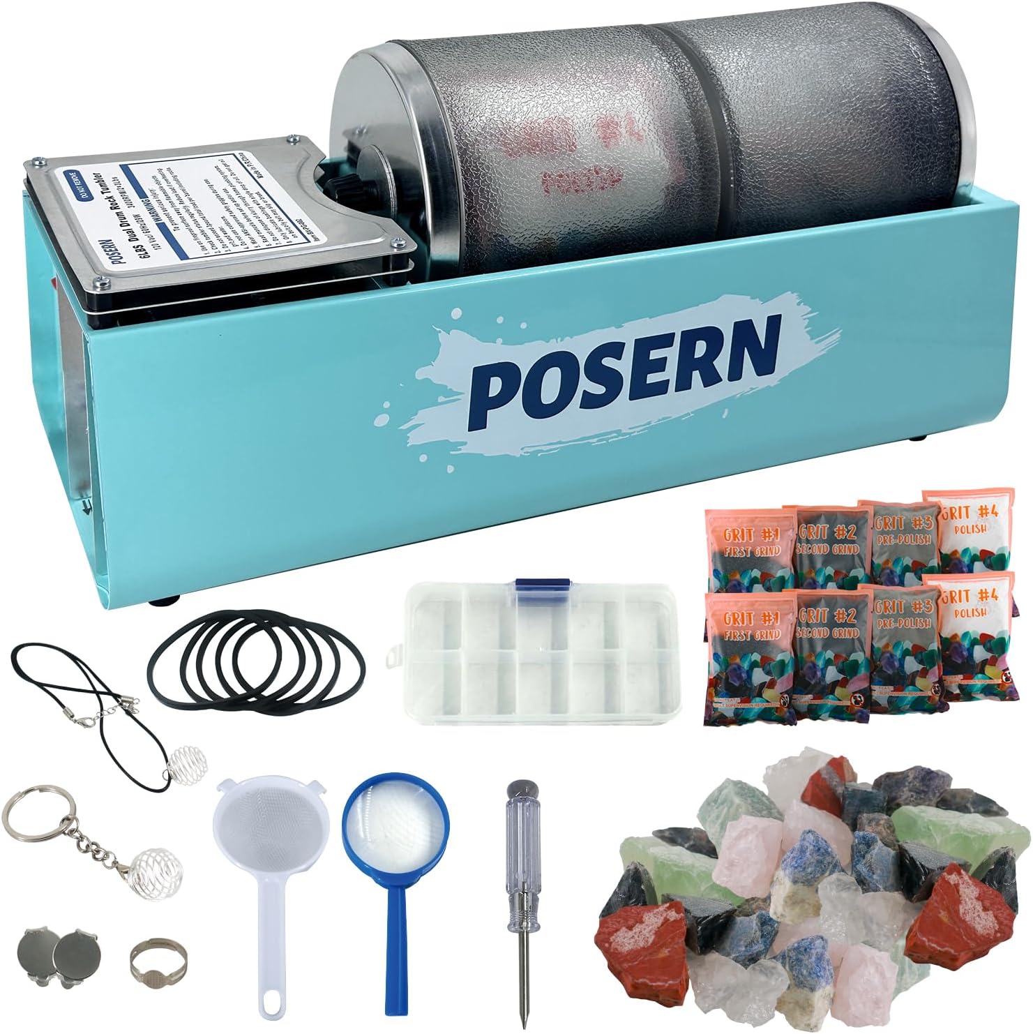 6LBS Rock Tumbler-Complete Tumbling Kit with Double Transparent Drums for Seperate Polishing Tasks-Comes with Rough Rocks, Grits and Tools-Great for Tumbling Jobs