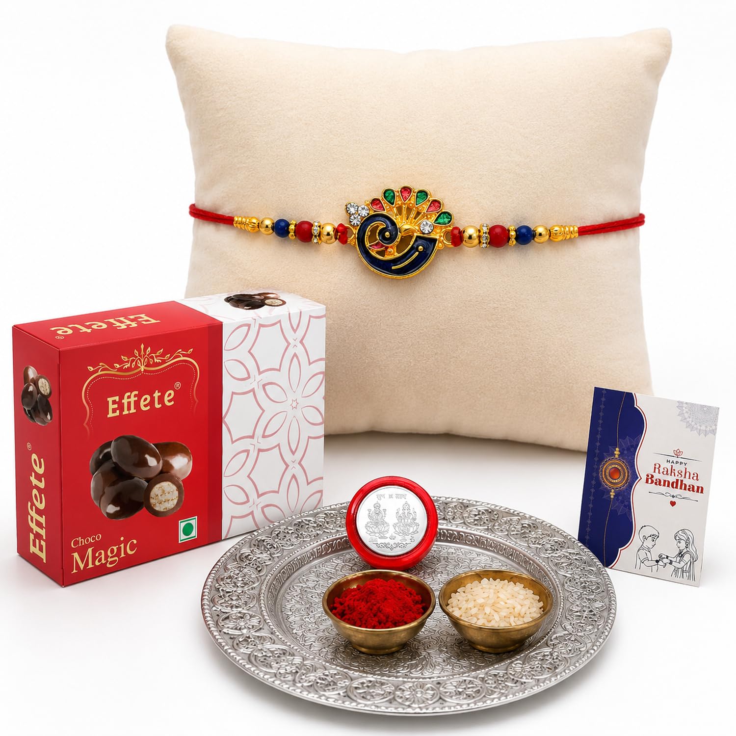 Oblivion Designer Peacock Rakhi Set for Brother with Pooja Thali, Choco Magic Chocolate 32gm, Pooja Coin, Roli Chawal & Card | Rakhi with Chocolate Combo for Raksha Bandhan