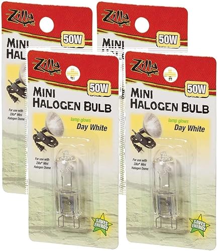 Zilla Paquete de 4 lámparas de calor de terrario de reptiles, mini bombillas halógenas, color blanco día, 50 vatios
