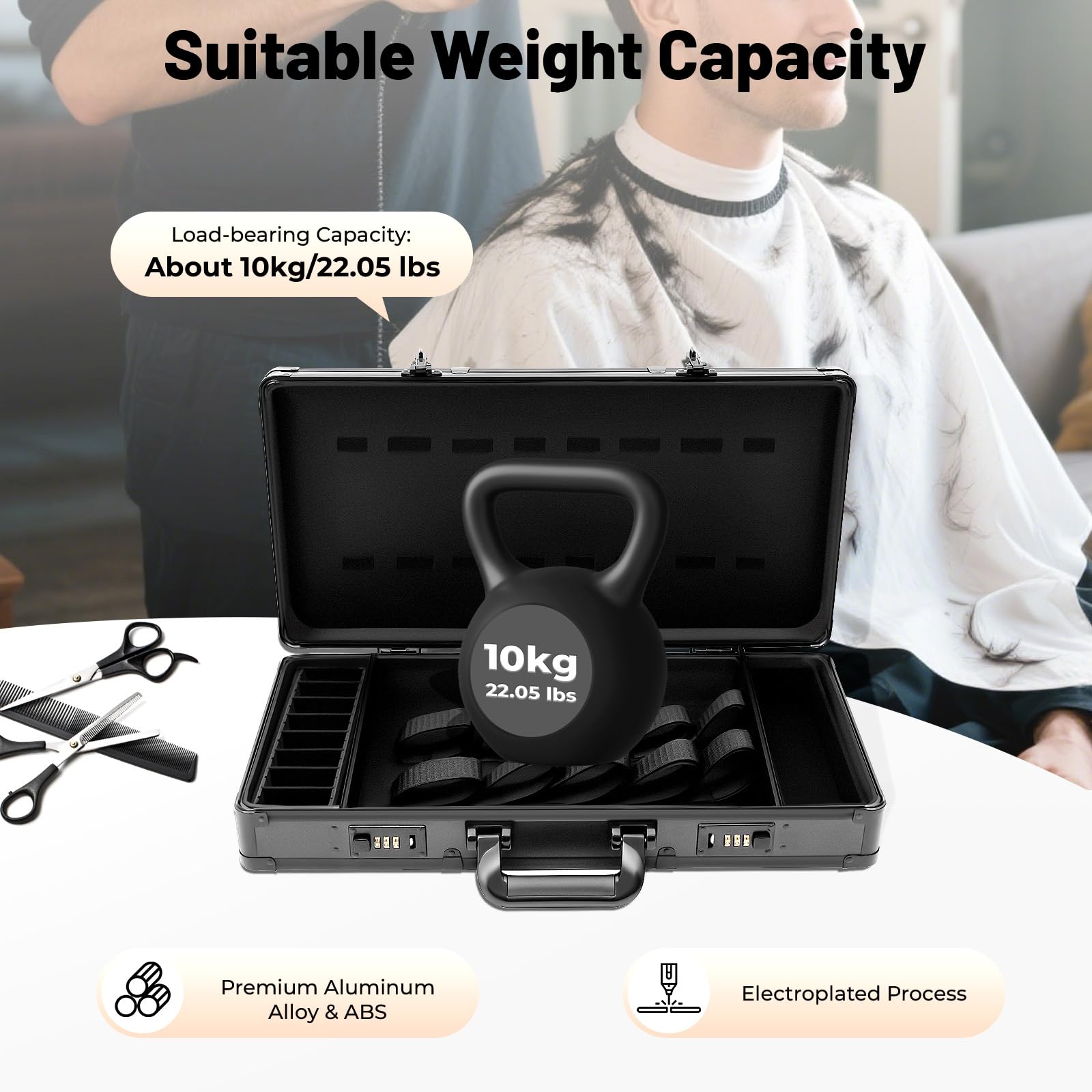 Barber Accessories Case, Professional Barber Supplies Case for Clippers and Supplies, Hair Scissors & Trimmer Organizer with Handle, Secure Code Lock, Portable Barber Suitcase (Black)