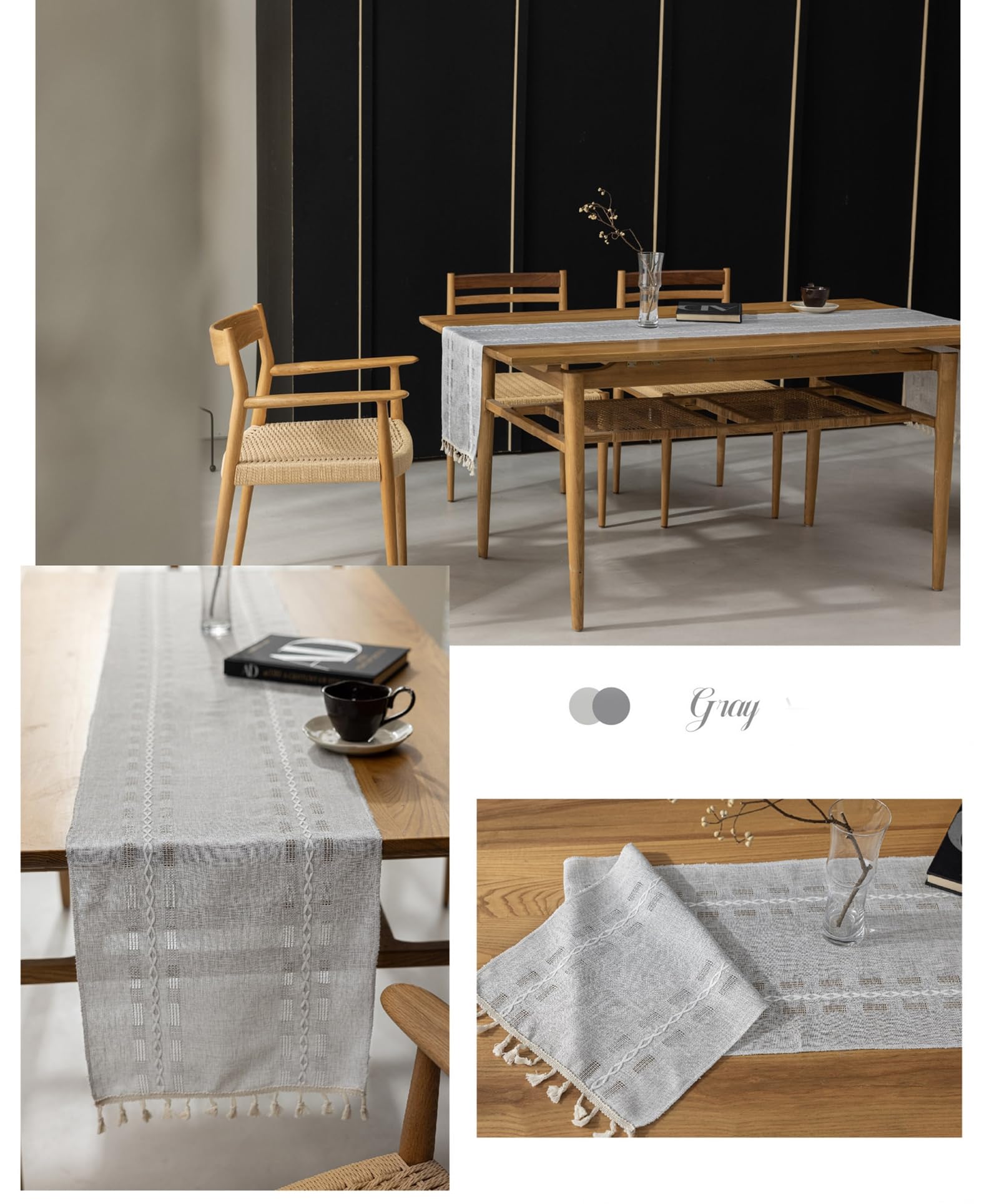 Runner da Tavolo Cotone Poliestere 33x240 cm, Runner da Tavola Moderno Lavabile Motivo Righe e A Quadri Vuoto Tinta Unita con Nappe Decorazioni Tavoli per Cucina, Grigio Chiaro