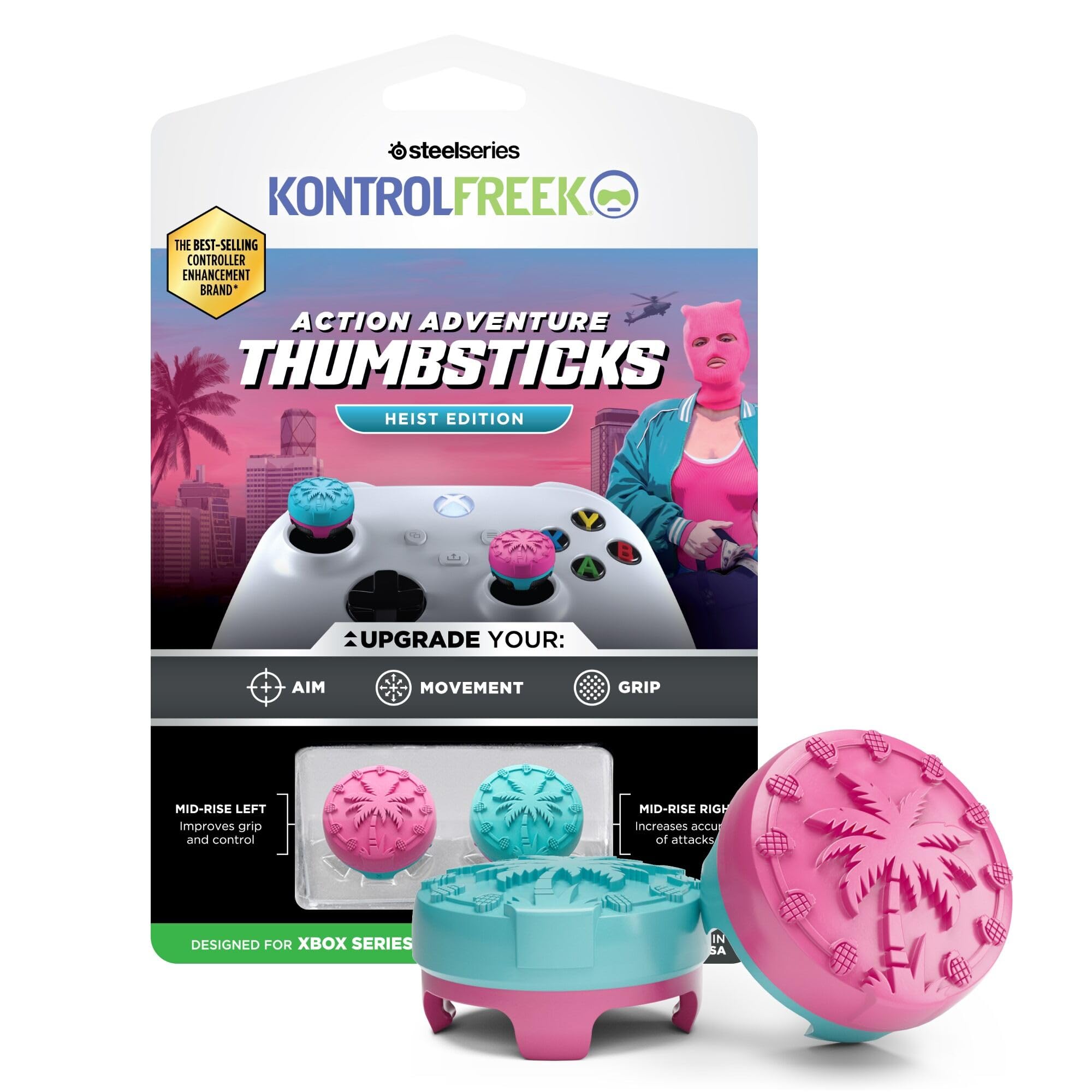 KontrolFreek Action Adventure Performance Thumbsticks – Heist Edition for Xbox One & Xbox Series X|S Controller | Pink/Blue