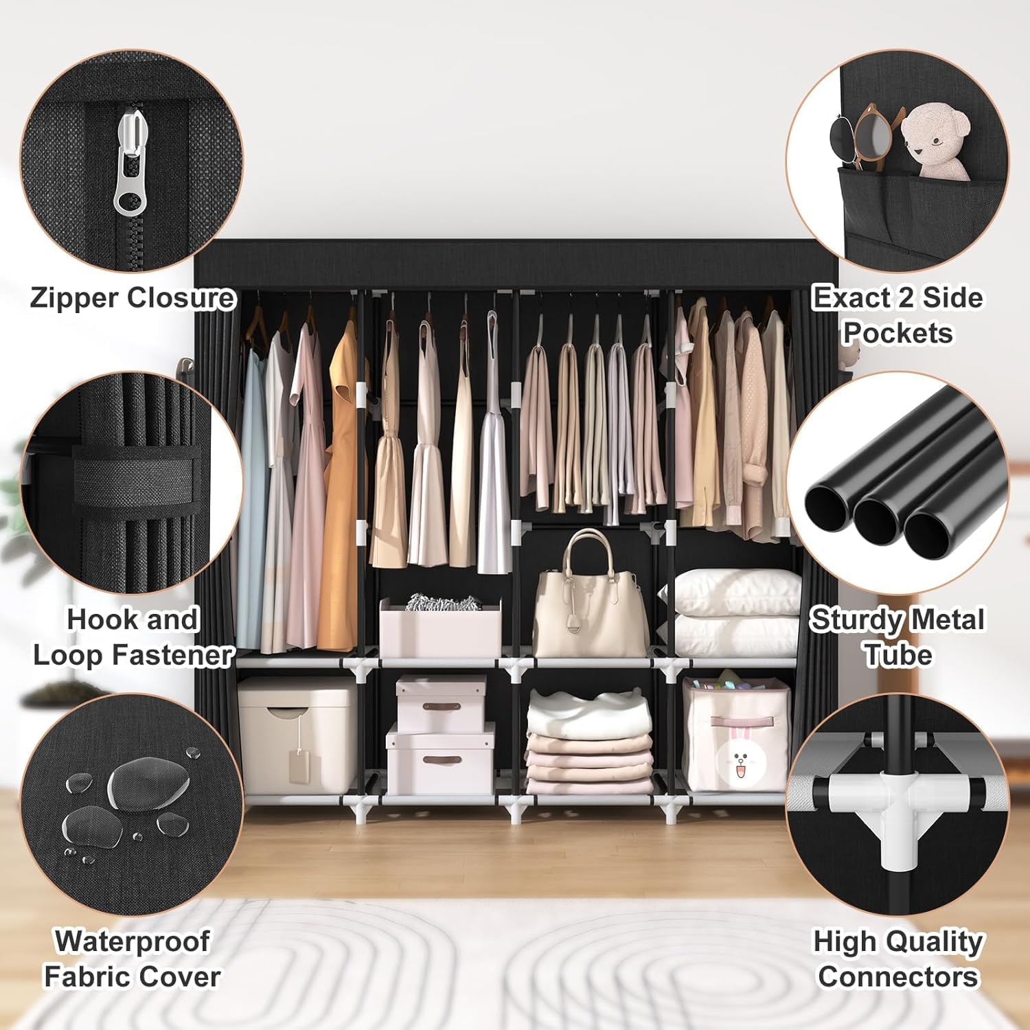 Armoire de Rangement, Penderie Portable - 170 cm de large - Grande capacité - Avec couvercle,4 étagères de rangement et 4 barres de suspension-Armoire en tissu autonome robuste pour chambre à coucher