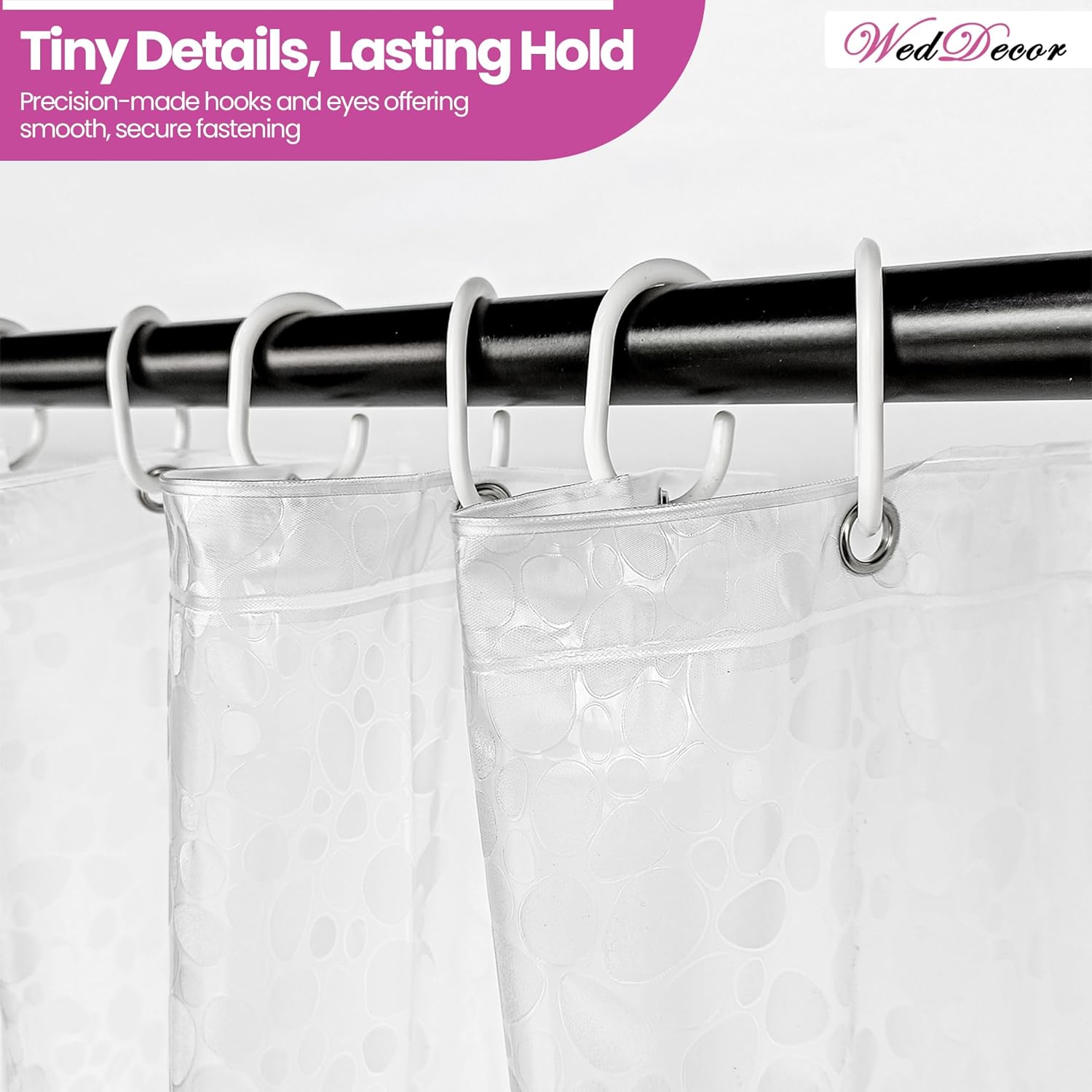 WedDecor Waterproof Heavy Duty PVC Clear 3D Effect Pebbles Printed Shower Curtain Liner with Magnetic Bottom, 12 Curtain Hooks, 180cm x 200cm