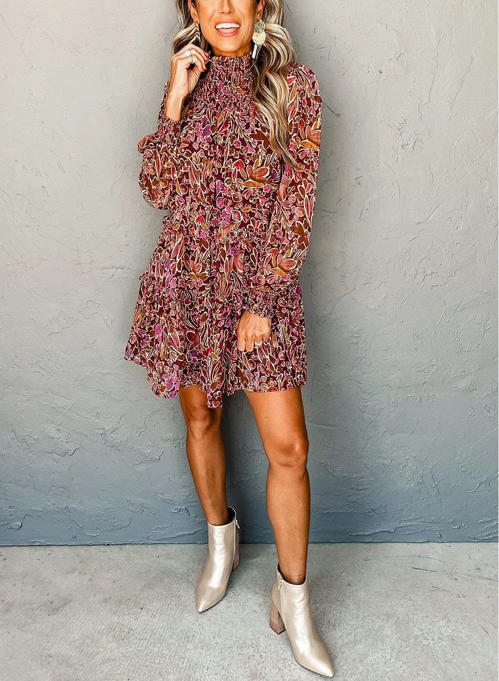 Apvirdy Womens Floral Print Boho Mini Dress Shirred Mock Neck Smoked Puff Sleeve Dress A-line Flowy Short Dresses