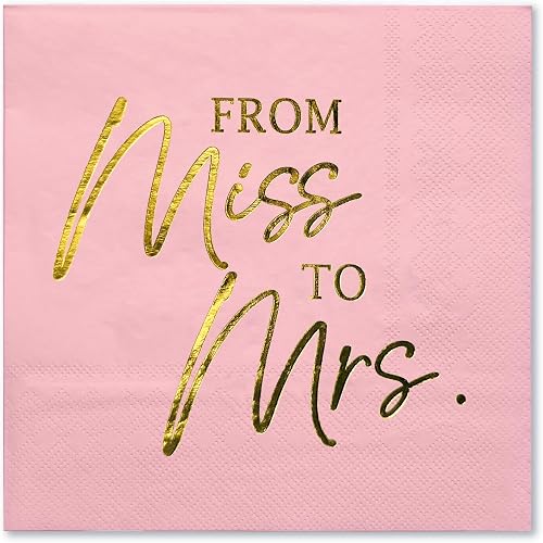 WRAPAHOLIC 50Pcs Gold Foil Miss to Mrs Wedding Napkins - 3-Ply Disposable Pink Paper Cocktail Napkin for Wedding, Bridal Shower, Engagement, Bachelorette Party Decoration Towels - 5 x 5 In