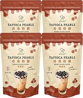 Soeos Boba Pearls, Black Tapioca Pearls 8.8 oz(Pack of 4), Black Sugar Flavor Boba Pearls for Bubble Tea, Smoothies & Desserts – Sweet, Chewy, and Ready to Cook