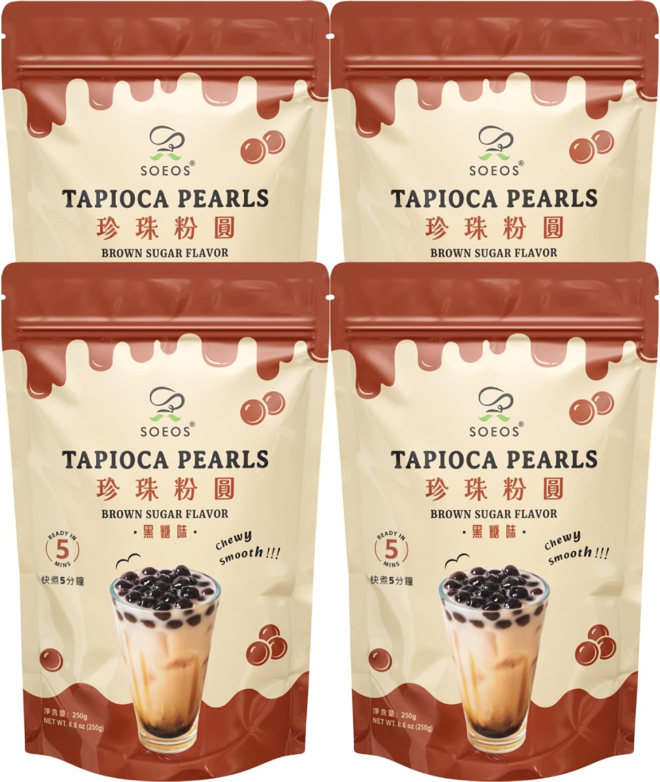 Soeos Boba Pearls, Black Tapioca Pearls 8.8 oz(Pack of 4), Black Sugar Flavor Boba Pearls for Bubble Tea, Smoothies & Desserts – Sweet, Chewy, and Ready to Cook