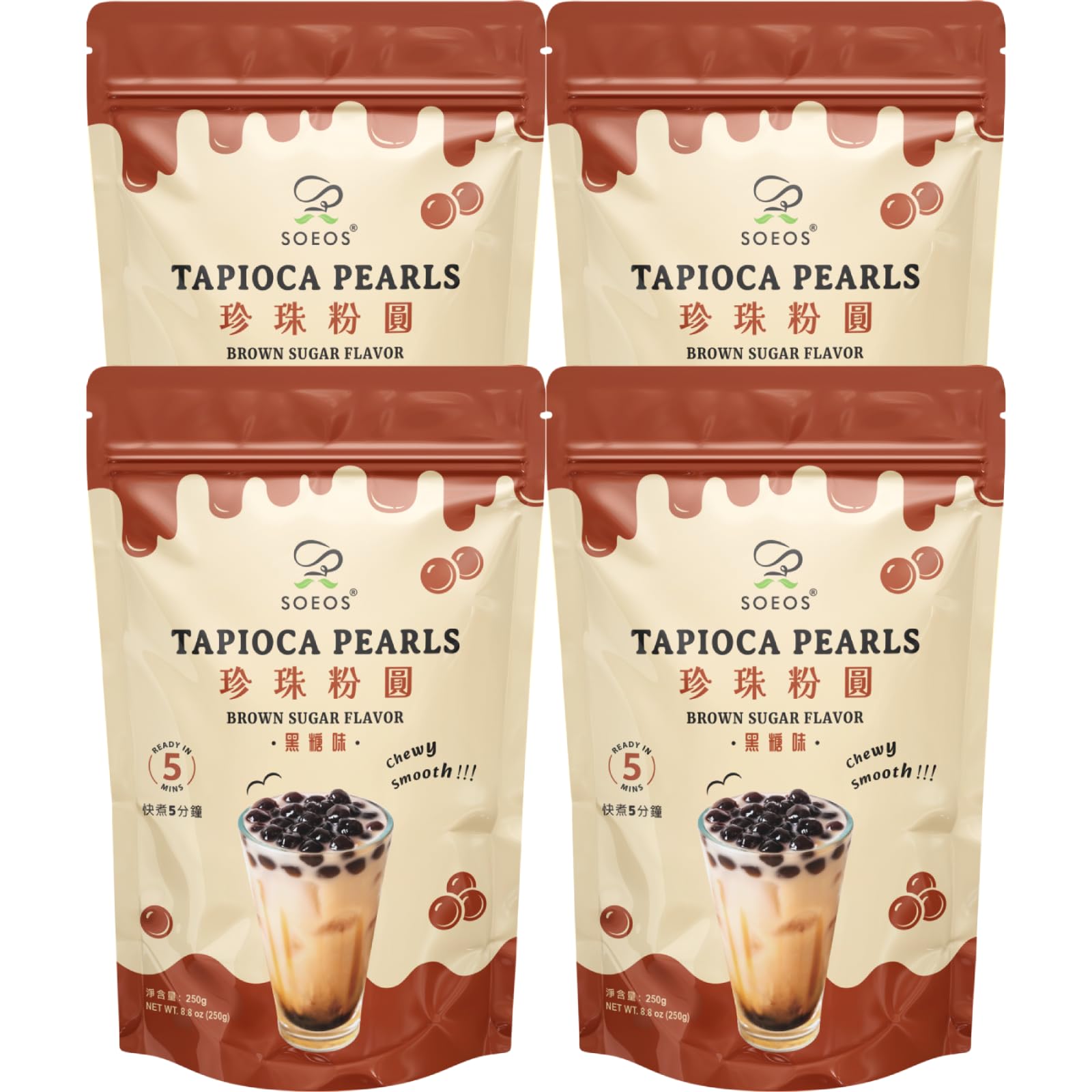 Soeos Boba Pearls, Black Tapioca Pearls 8.8 oz(Pack of 4), Black Sugar Flavor Boba Pearls for Bubble Tea, Smoothies & Desserts – Sweet, Chewy, and Ready to Cook