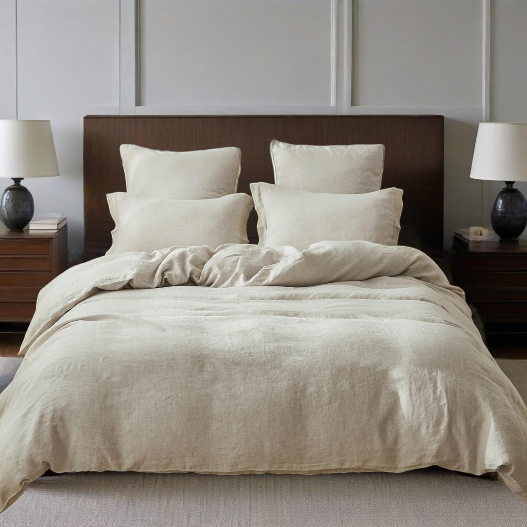 Simple&Opulence 100% Linen Duvet Cover Set with Washed-French Flax-3 Pieces Solid Color Basic Style Bedding Set-Breathable Soft Comforter Cover with 2 Pillowshams(Queen,Linen)