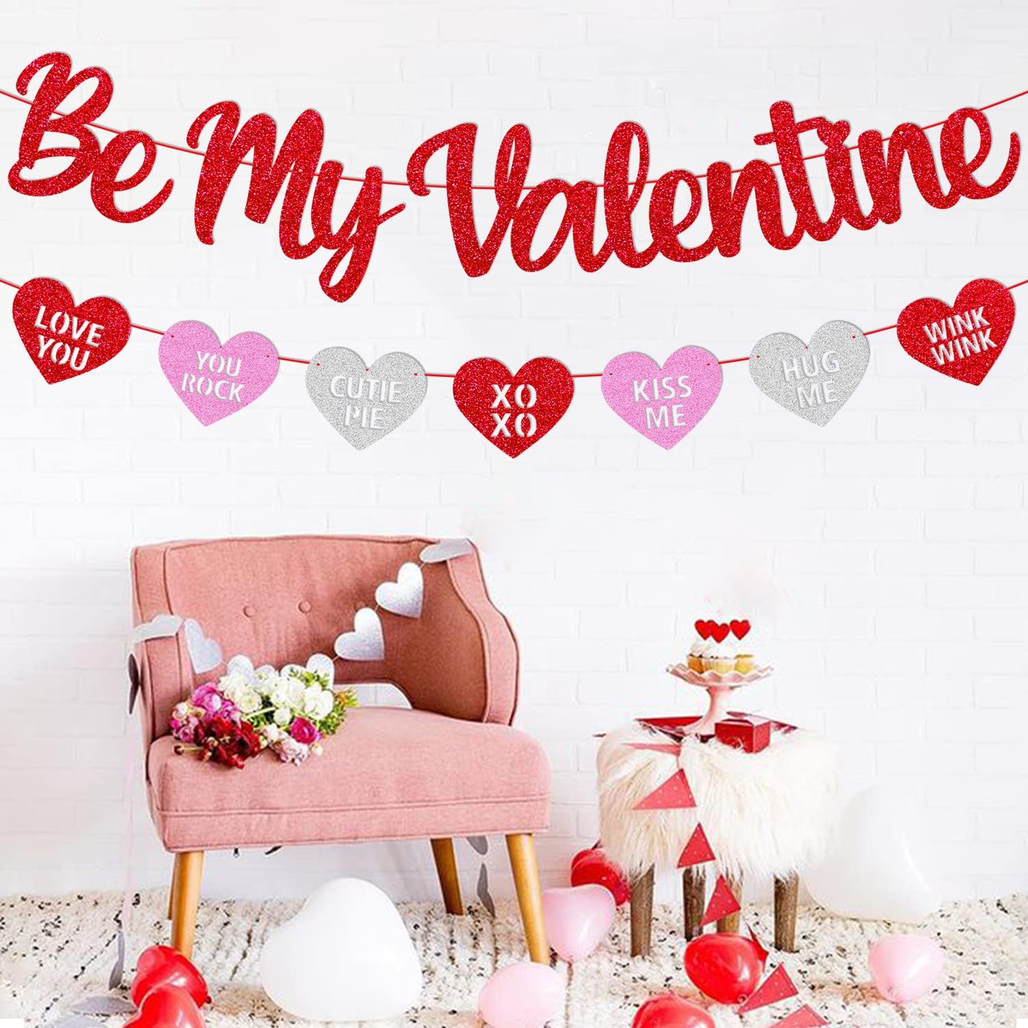 Be My Valentine Banner Glitter Red Pink Heart Garland Happy Valentine's Day Party Decoration Pre-Assembled Romantic Valentine Party Supplies