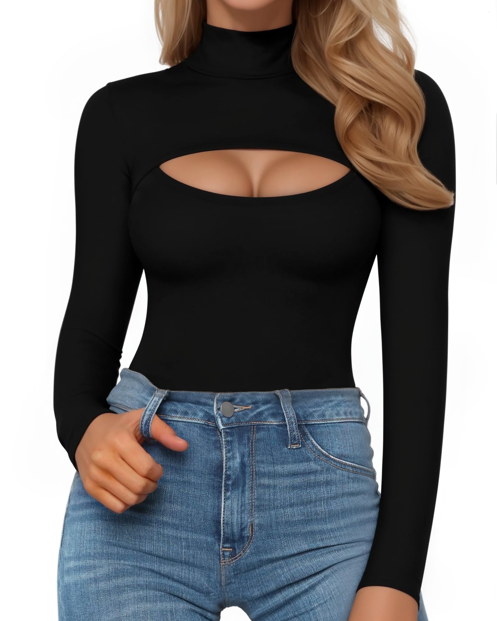 MANGOPOP Women's Mock Neck Cutout Front Bodysuit Long Sleeve Sleeveless Turtle Neck Body Suits Sexy Tops: MANGOPOP Mock Neck Cutout Front Top Long Sleeve Sleeveless Bodysuits for Women
