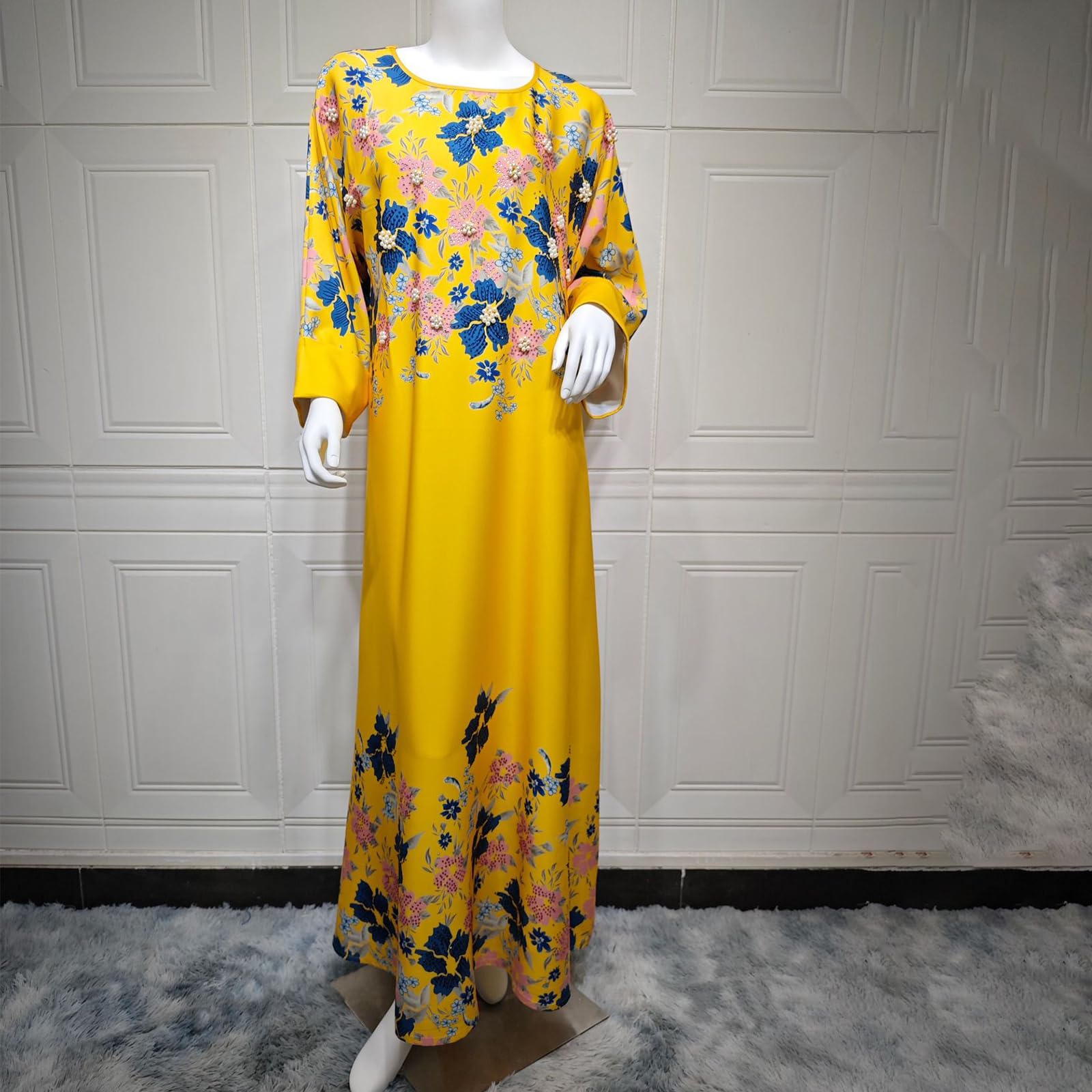 Vestido de caftán para mujer, vestido de túnica de Oriente Medio, estampado de flores, vestido de oriente Medio, vestido casual diario