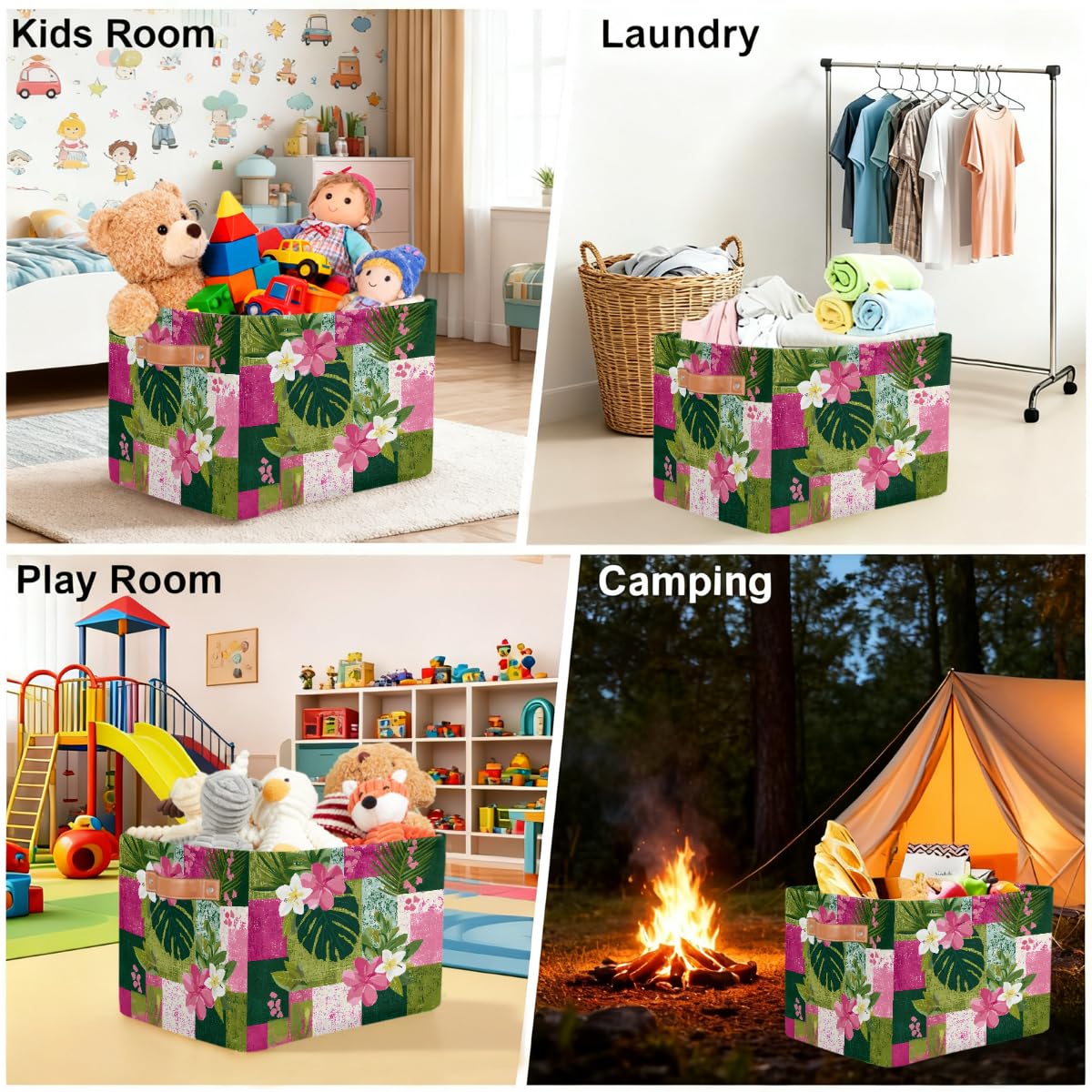 Rechteckiger Aufbewahrungskorb mit tropischen Hibiskus- und Plumeria-Blättern, mit Ledergriffen, faltbarer Stoff-Aufbewahrungskorb für Schrank, Badezimmer, Wohnzimmer, Büro, Spielzeug, Organizer