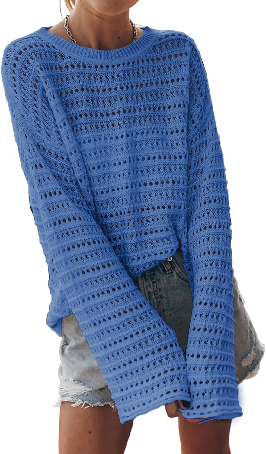 Sidefeel Womens Fall Sweaters 2025 Lightweight Casual Long Sleeve Crochet Hollow Out Knit Pullover Tops Clothing