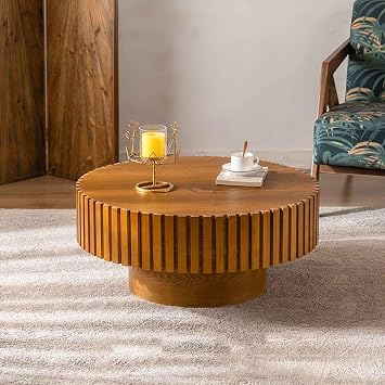 Circle Coffee Tables for Living Room 31.5 Inch, Fluted Drum Coffee Table, Center Table Cocktail Tables with Stable Pedestal for Living Room Apartment