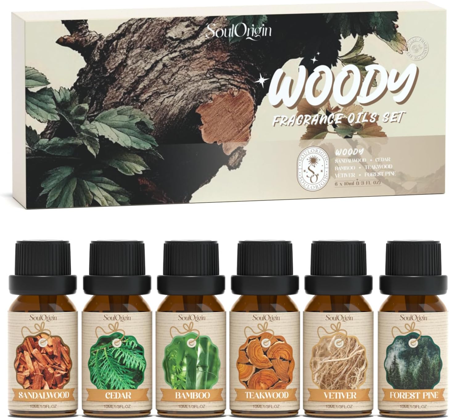 Product image of SoulOrigin Woody Fragrance Oils Set, Fragrance Oil Set for Oil Diffusers, Scented Oils for Soap Candle Making 6x10ml - Sandalwood, Cedar, Bamboo, Teakwood, Vetiver, and Forest Pine