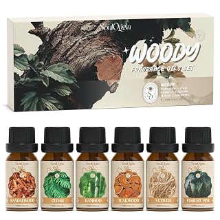 SoulOrigin Woody Fragrance Oils Set, Fragrance Oil Set for Oil Diffusers, Scented Oils for Soap Candle Making 6x10ml - Sandalwood, Cedar, Bamboo, Teakwood, Vetiver, and Forest Pine - Amazon product rated Grade B