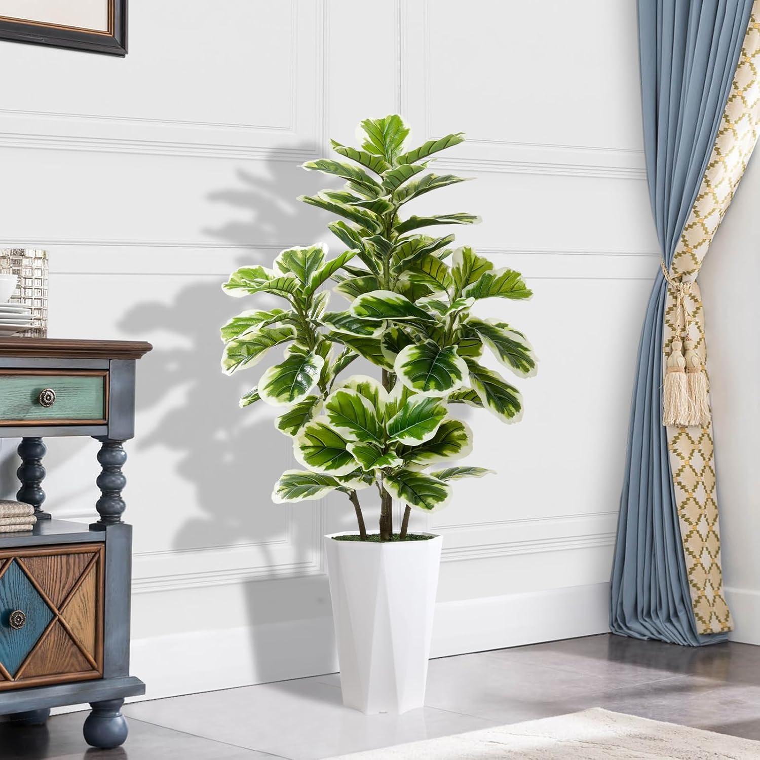 Artificial Fiddle Leaf Fig Plant Indoor 5FT Faux Rubber Tree with White Diamond Planter Tall Fake Floor Plant in Pot Artificial Trees for Home Office Living Room Decor Indoor - Image 2