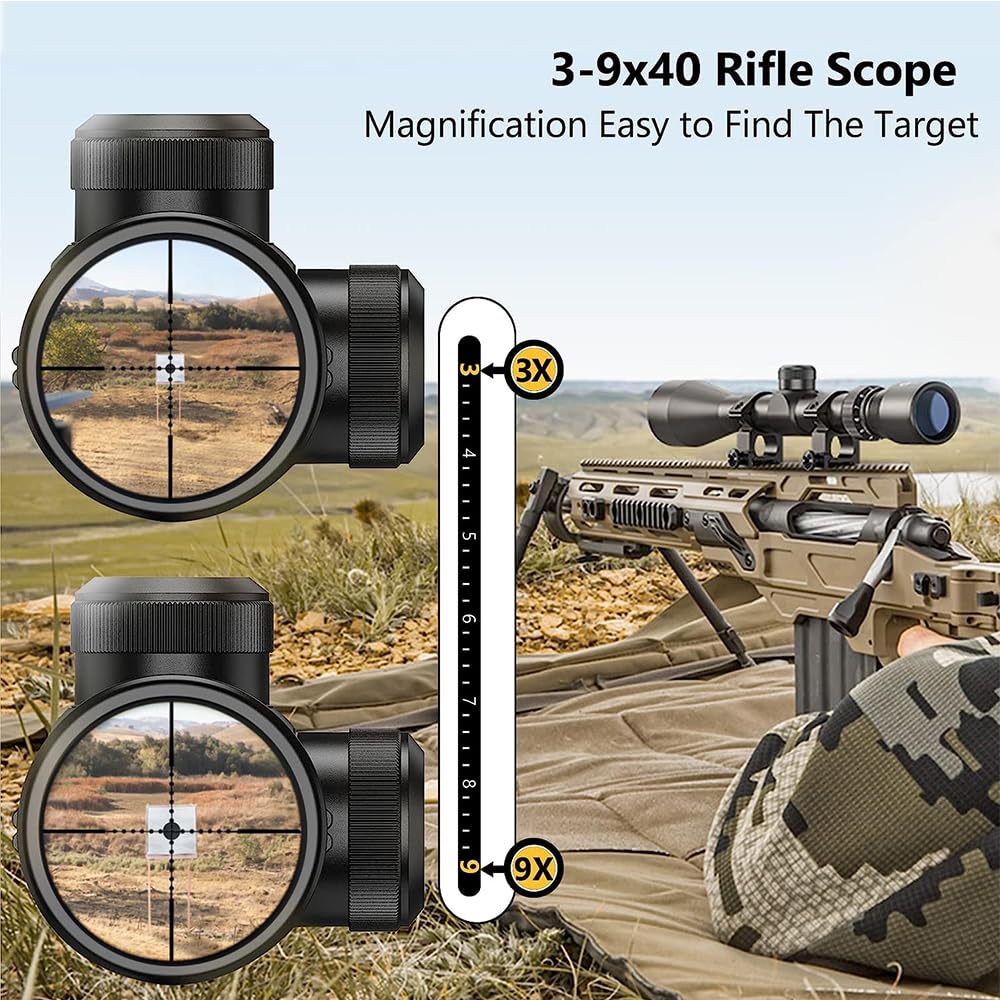 Lunette de visée 3-9x40, réticule Mil-Dot pour la Chasse, avec Anneaux Picatinny de 20mm et Anneaux de Rails en Queue d'aronde de 11mm