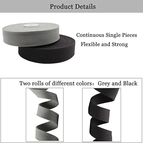 Miniatura 3 de Dortrue Correas de algodón de 1 pulgada, 2 rollos20 yardas para asas de bolsa, bolsa de mano, cinturón de tela, artes y manualidades (negro, gris)